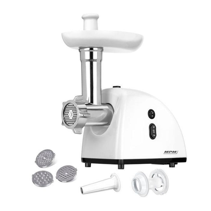 MPM MMM-05 electrical meat grinder DE with sausage filler DE. 3 panes DE cut with 3mm. 5mm holes. Metal gear. Return function. 720W