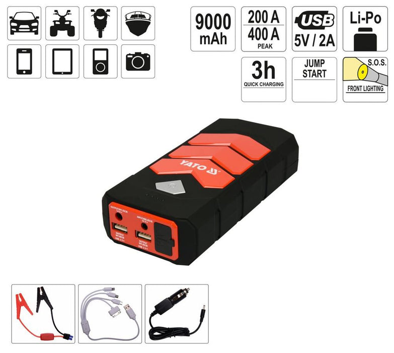 Cordless power bank external engine emergency start device event device also as charger for smart phones LCD USB LED 7500 mAh U 9000 mAh . Capacity 9000 mAh